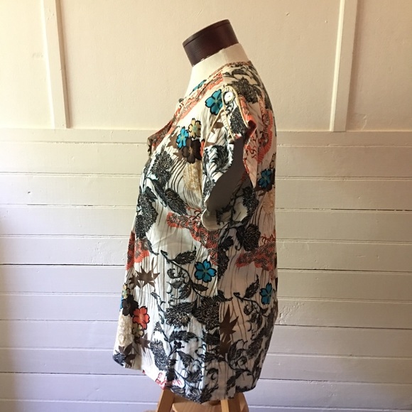 Hawaiian Floral Boho Gold Trim Pleated Yoke A-Line Boho Chic Blouse Billtornade - Picture 7 of 9